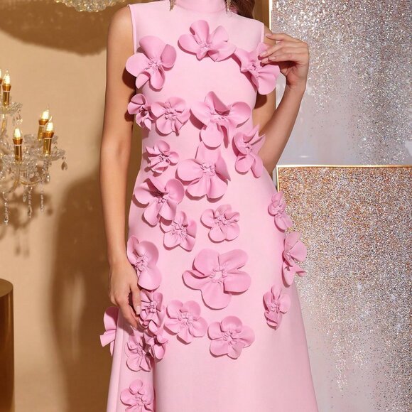 Pink Elegant Women's 3d Floral Decor Slim Fit High Neck Sleeveless Dress - Picture 7 of 8